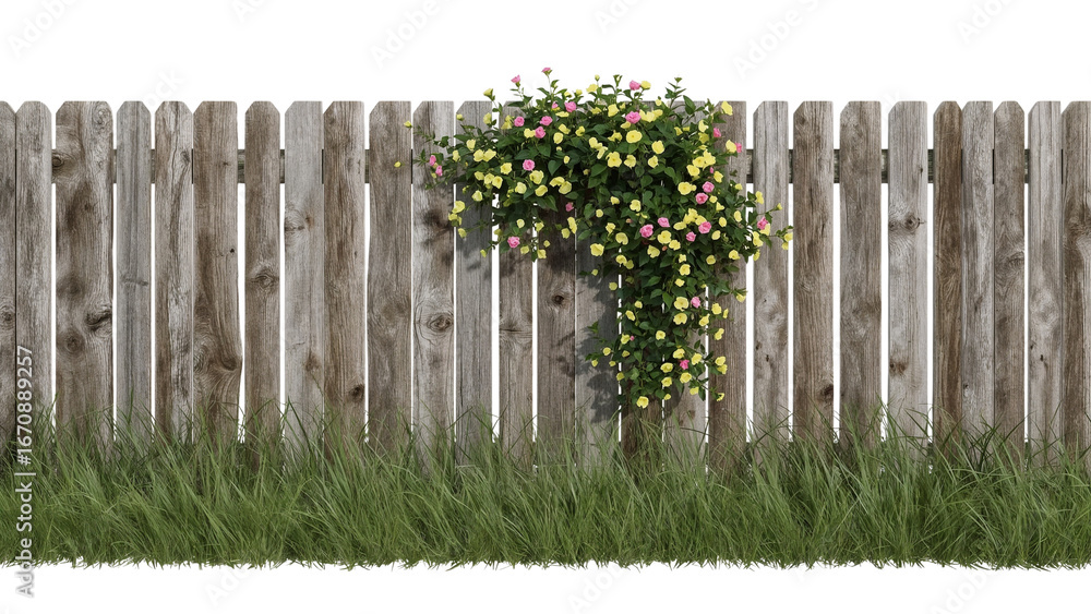 Fototapeta premium Rustic wooden fence adorned with vibrant cascading flowers and lush grass perfect for spring garden designs or charming backyard scenes