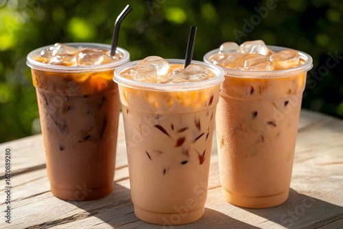 Refreshing Iced Coffee Drinks in Plastic Cups on Wooden Table