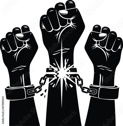 Symbolic image of three raised fists breaking free from chains of oppression and struggle