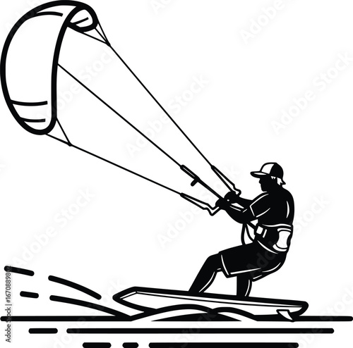 Dynamic line art depicting a person kiteboarding across the water surface