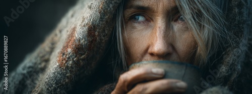 Mature neglected woman wearing grey tarnished blanket with empty cup begging for support
