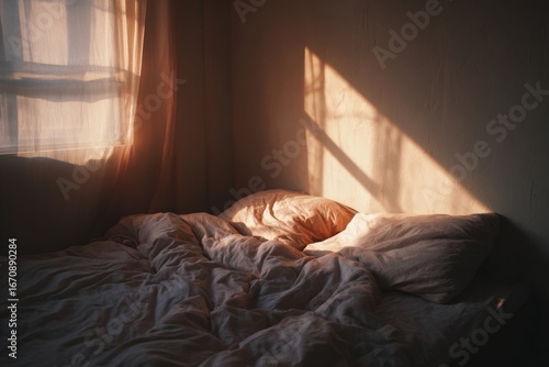Sunlight streams into a bedroom corner, illuminating a messy bed