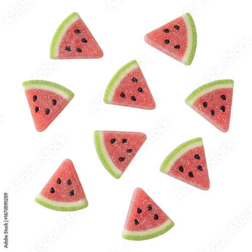 Vibrant watermelon gummy slices scattered playfully for a refreshing summer treat design