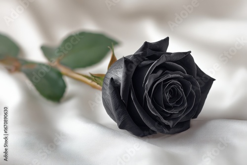 A single, deep black rose on a white fabric