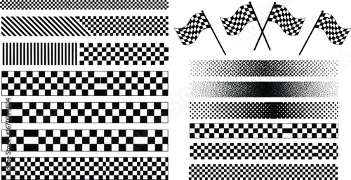 Collection of racing checkered patterns and flags for sports design and graphics applications