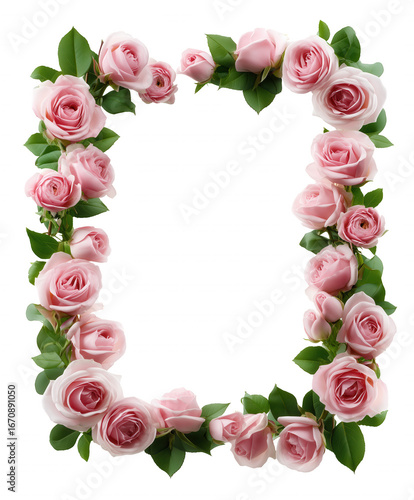 Square floral display with pink roses and green leaves on transparent background