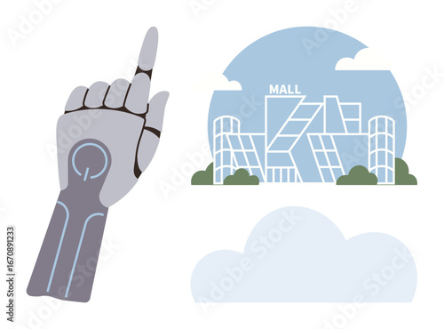 Robotic hand gestures toward modern mall with geometric design and surrounding greenery. Ideal for technology, retail innovation, automation, AI, future concepts, smart cities, digital commerce. A