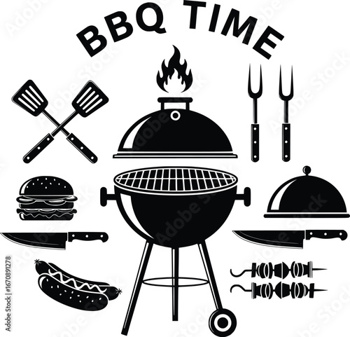 Bbq time! enjoy grilling with burgers hot dogs skewers and utensils summer party fun
