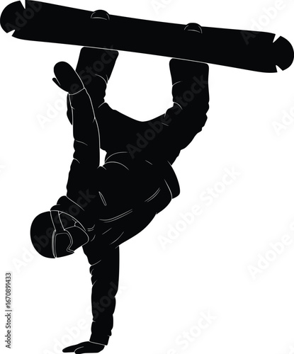 Snowboarder performing a dynamic handstand trick on the snowboard