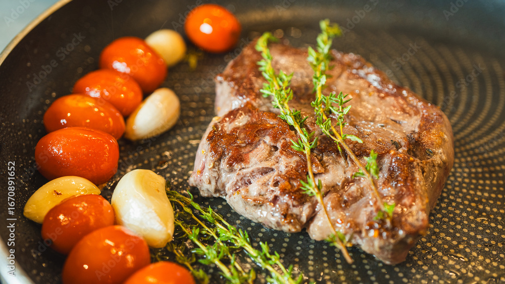 Αυτοκόλλητο Close-up shot of a juicy ribeye steak sizzling in a frying pan with fresh thyme, garlic, and cherry tomatoes