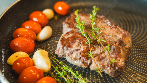 Valokuva Close-up shot of a juicy ribeye steak sizzling in a frying pan with fresh thyme, garlic, and cherry tomatoes
