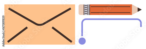 Closed envelope, orange pencil, curved arrow combine to signify message creation, sending mail, correspondence. Ideal for email, messaging apps, education, communication business workflow content