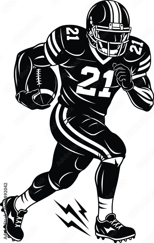Obraz premium Dynamic american football player running with ball number 21 in action silhouette