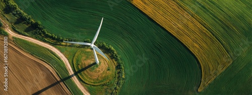 Zero emission. Top down aerial view on a Wind turbine eco farm on farm fields landscape