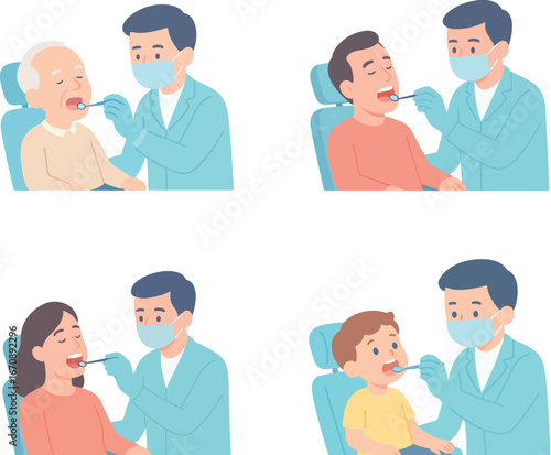 Dentist examine patient in family variant flat design vector