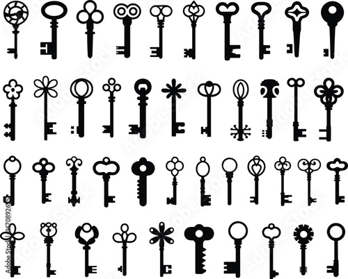 Vintage key silhouettes, antique keys collection, old-fashioned key icons, decorative key shapes, classic key vector set, ornate key designs
