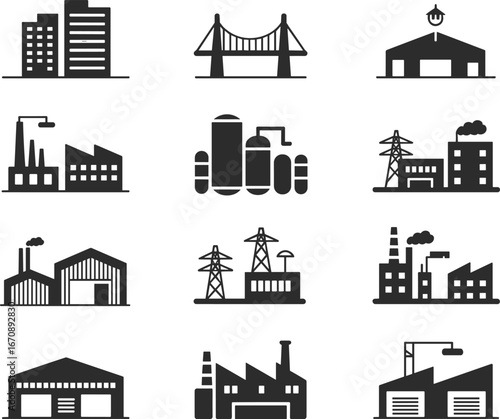 Industrial buildings, power plant, bridge, warehouse, and factory icons, vector construction and energy structures, urban development and manufacturing set