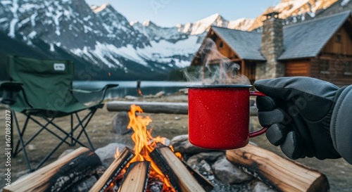 Cozy campfire scene with steaming cup in mountain landscape