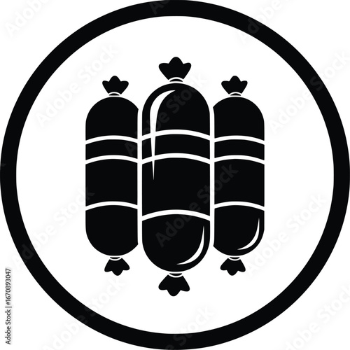 Sausage icon three links in a circle symbol for meat products and deli food