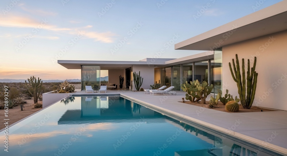 Fototapeta premium Desert home with swimming pool and modern architecture at sunset