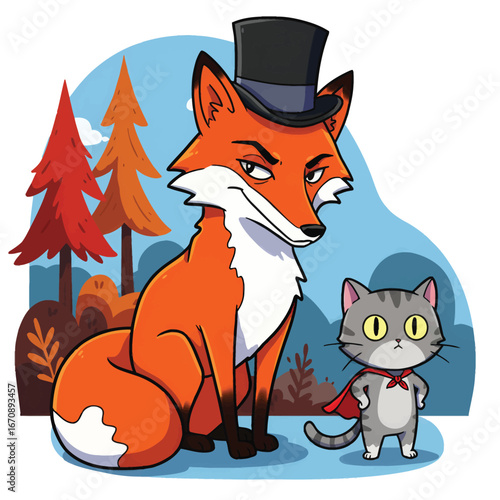 A cunning cartoon fox in a black top hat with a small superhero tabby cat companion in a red cape.