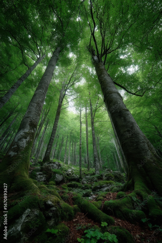 Obraz premium Lush Green Forest Canopy with Tall Trees and Mossy Ground, Offering a Serene Woodland View