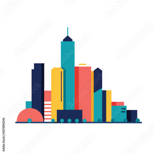 Colorful flat design vector illustration of a modern city skyline with skyscrapers.