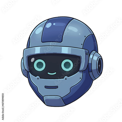 Friendly blue cartoon robot head with a smiling digital face and glowing eyes.