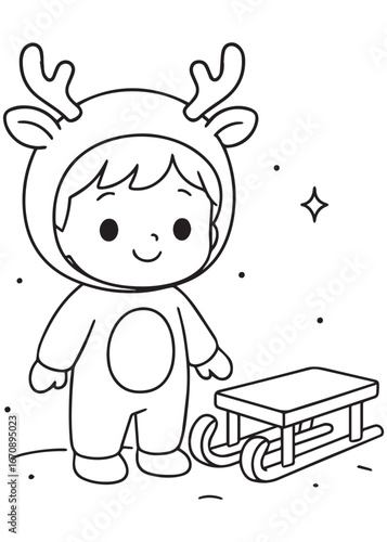 coloring book child in reindeer costume standing with sled
