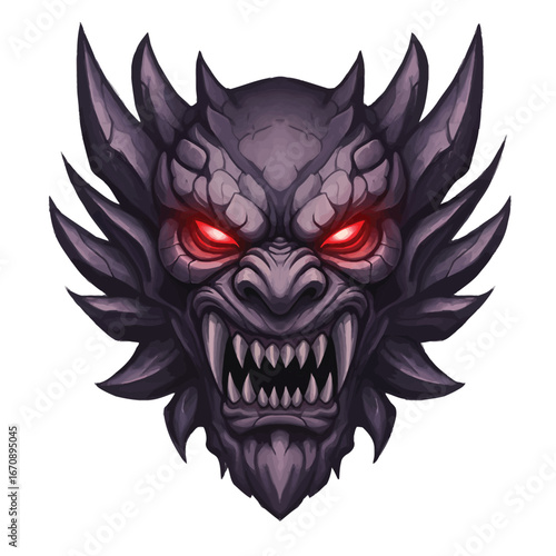 Menacing dark purple dragon head with glowing red eyes and sharp fangs.