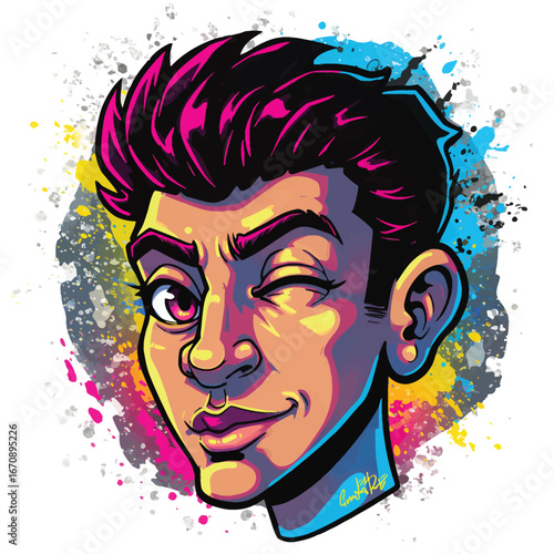 Stylized cartoon portrait of a charismatic young man winking with a playful smirk.