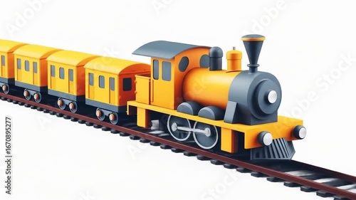 Animated Yellow Train with Carriages on Railroad Tracks, Isolated on White