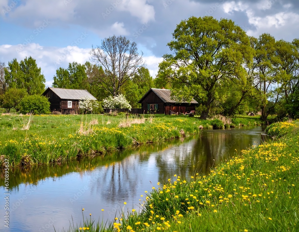 Obraz premium Rural landscape with stream and cottages