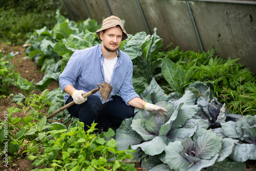 Fototapeta Farmer peasant man works with garden plants in greenhouse