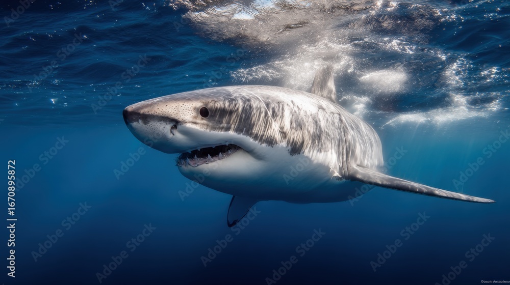Naklejka premium Majestic Great White Shark Swimming Gracefully Beneath the Ocean Surface with Open Mouth Showing Teeth