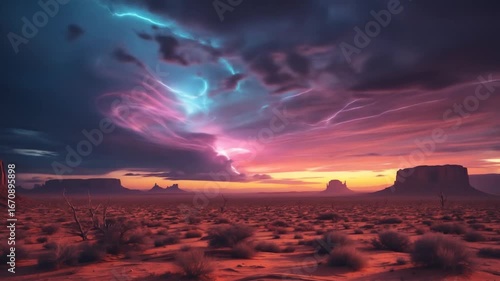 Dramatic Desert Lightning Storm at Sunset with Pink and Blue Energy Streaks