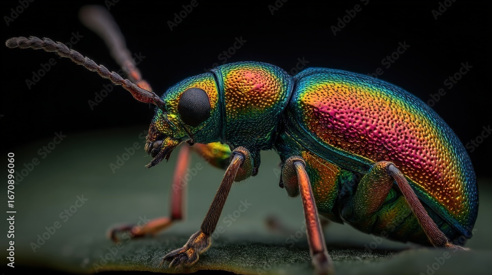 Fototapeta premium Iridescent Beetle Close-Up: Vibrant Insect with Rainbow Colors on a Leaf, Macro Photography