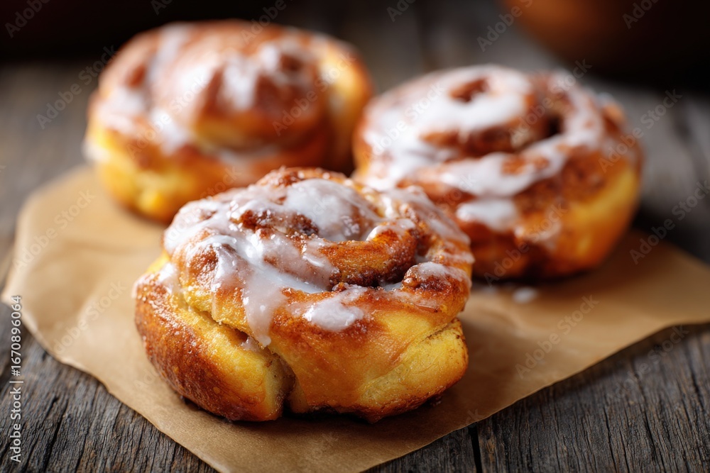 Delicious Cinnamon Rolls with Cream Cheese Frosting on Rustic Wood Background, Sweet Breakfast Pastries Delicious Cinnamon Rolls with Cream Cheese Frosting on Rustic Wood Background, Sweet Breakfast Pastries