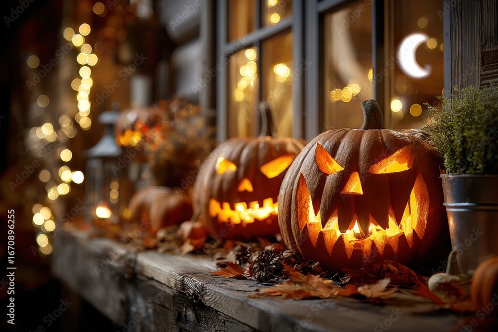 Fototapeta premium Illuminated Jack O'Lanterns Displayed on a Rustic Window Ledge Creating a Spooky Halloween Night Ambiance