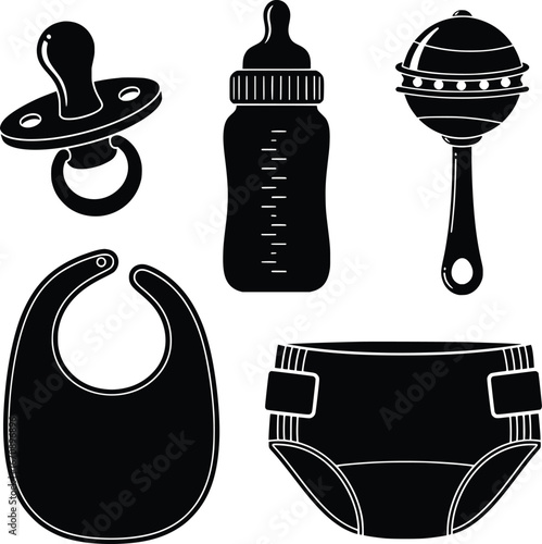 Cute baby essentials collection pacifier bottle rattle bib diaper silhouette icons