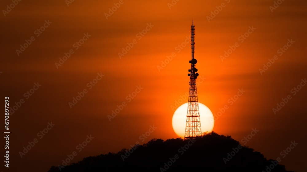 Obraz premium silhouette of radio tower at sunset with glowing signals