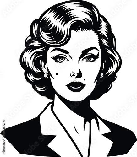 Vintage black and white portrait of a classic hollywood actress with elegant hairstyle