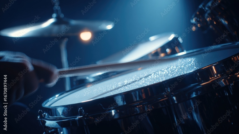 Obraz premium Close-Up of Drum Kit Performance: Professional Musician Playing Drums in Concert with Dynamic Lighting