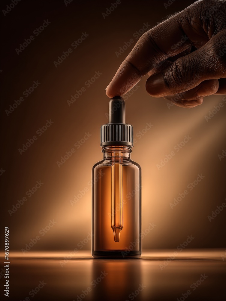 Naklejka premium Serum bottle with dropper and hand, showcasing skincare or aromatherapy product against warm background