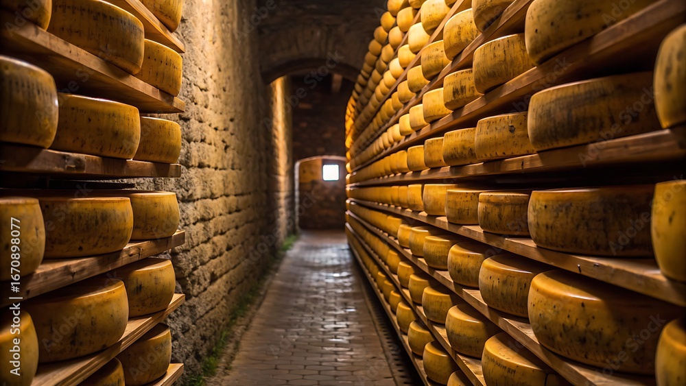 Fototapeta premium Large room full of shelves stuffed with a variety of cheese wheels, suitable for showcasing cheese shops, dairy farms, and food storage solutions.