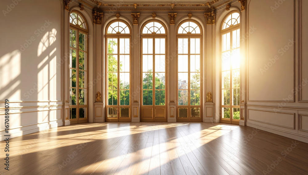 Fototapeta premium Sunlight wooden floor empty room large window classical interior bright natural light warm atmosphere