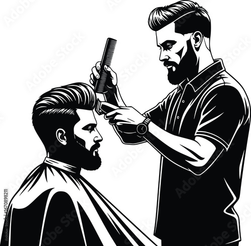 Skilled barber gives stylish haircut to bearded man in black and white art