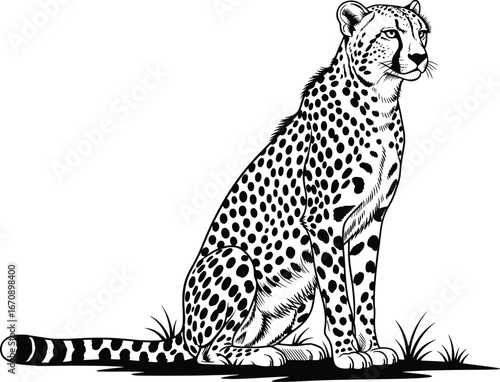 Majestic cheetah sitting gracefully amidst sparse grass detailed sketch art