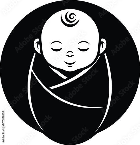 Adorable newborn baby wrapped in swaddle inside a circular emblem symbolizing new life