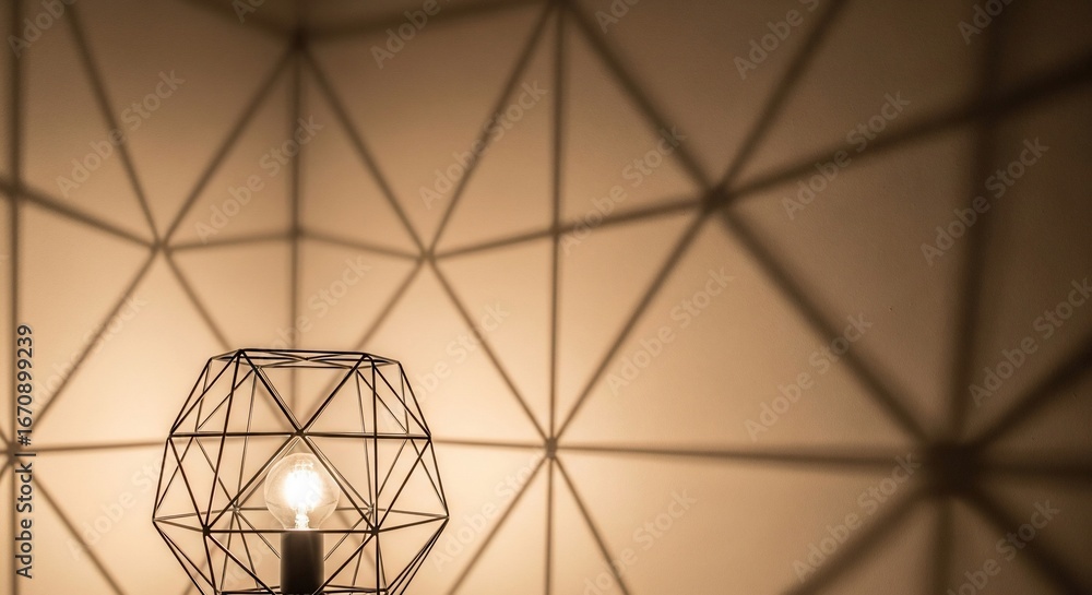 Fototapeta premium Geometric shadow pattern from modern wireframe lamp on wall
